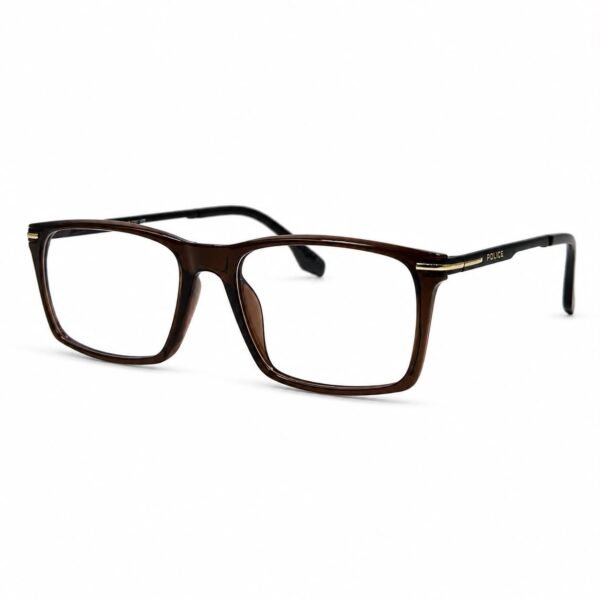 Optical EV2K-0032 Sleek Rectangle Eyeglasses for Men in Crystal Brown with translucent coffee-brown acetate front, black metal temples and gold striped hinge accents