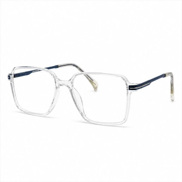Optical EV2K-0028 Modern Geometric Square Full Rim Eyeglasses in Crystal Clear with transparent front and navy metal temples with striped hinge accent