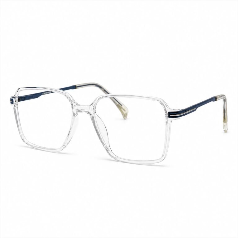 Optical EV2K-0028 Modern Geometric Square Full Rim Eyeglasses in Crystal Clear with transparent front and navy metal temples with striped hinge accent