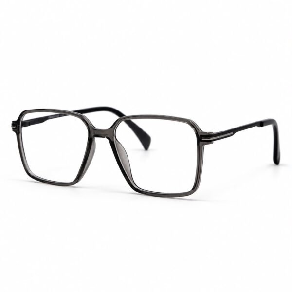 Optical EV2K-0028 Modern Geometric Square Full Rim Eyeglasses in Crystal Smoke Grey with translucent grey front and slim black metal temples