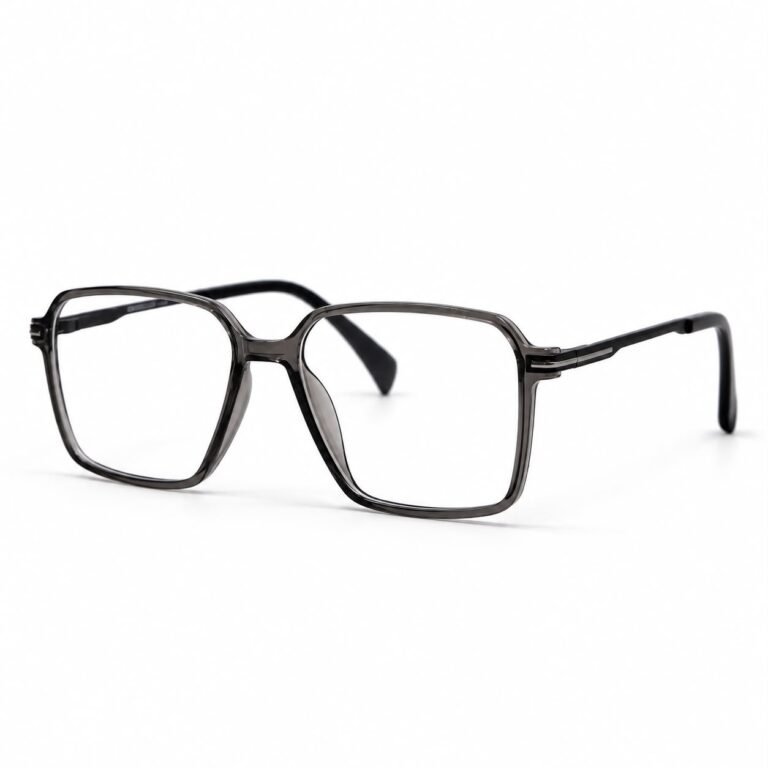 Optical EV2K-0028 Modern Geometric Square Full Rim Eyeglasses in Crystal Smoke Grey with translucent grey front and slim black metal temples