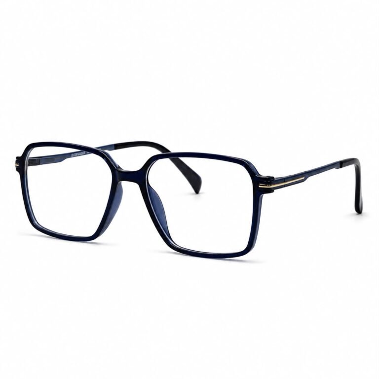 Optical EV2K-0028 Modern Geometric Square Full Rim Eyeglasses in Crystal Navy Blue with deep navy front and gold striped hinge accent