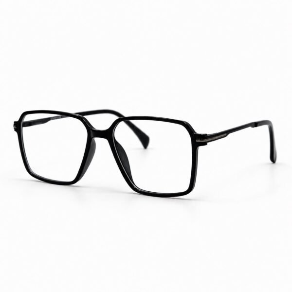 Optical EV2K-0028 Modern Geometric Square Full Rim Eyeglasses in Glossy Black with shiny acetate front and silver striped hinge accent