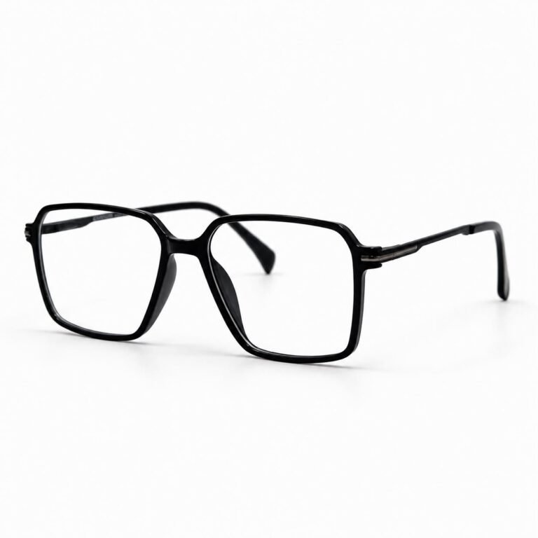 Optical EV2K-0028 Modern Geometric Square Full Rim Eyeglasses in Glossy Black with shiny acetate front and silver striped hinge accent