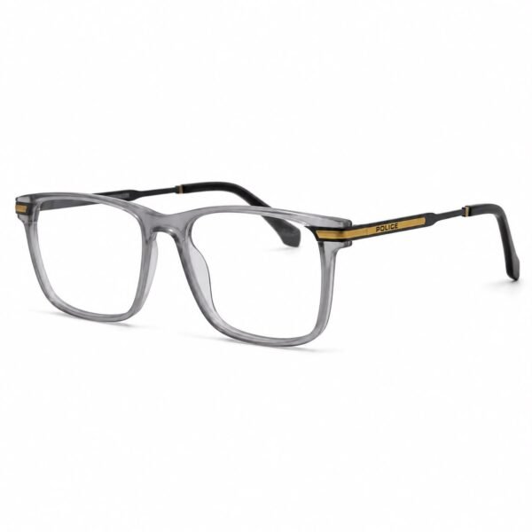 Optical EV2K-0029 Classic Square Full Rim Eyeglasses in Crystal Grey with translucent grey front and black metal temples with gold-tone plate
