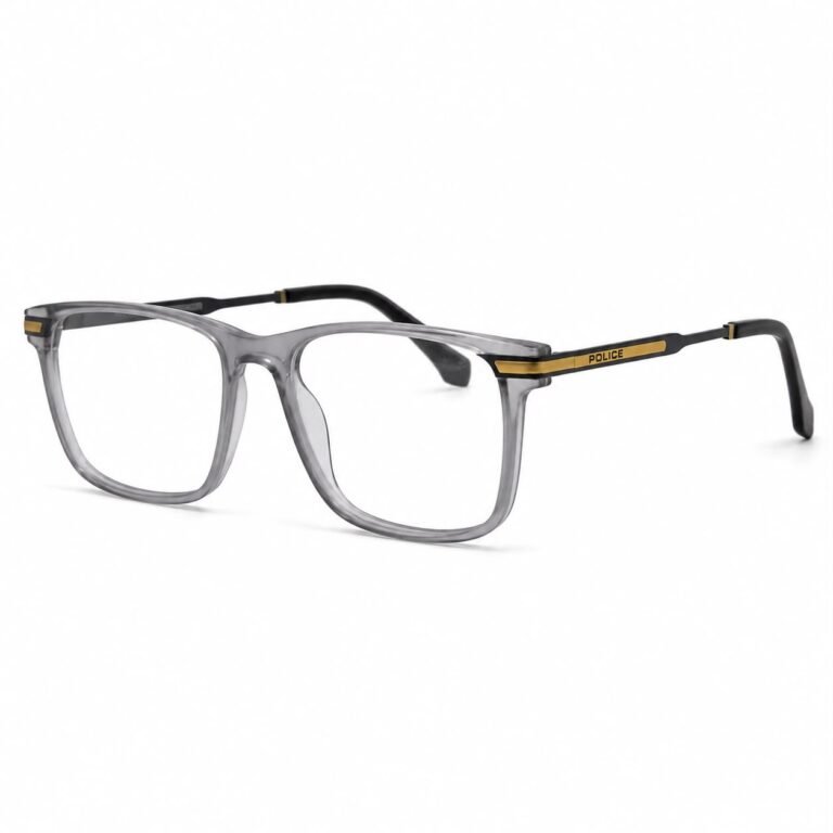 Optical EV2K-0029 Classic Square Full Rim Eyeglasses in Crystal Grey with translucent grey front and black metal temples with gold-tone plate