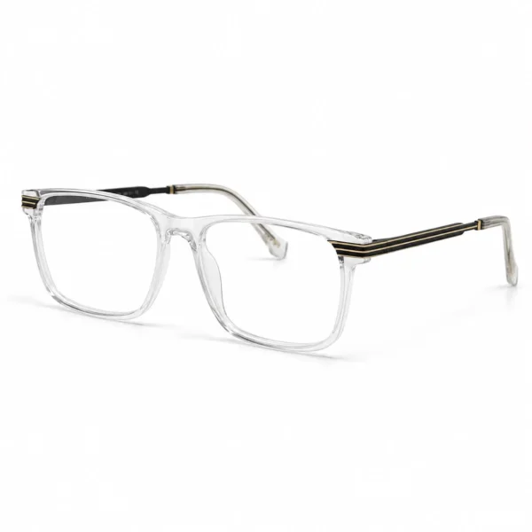 Optical EV2K-0030 Modern Square Full Rim Eyeglasses in Crystal Clear with transparent front, clear temple tips and black-and-gold striped metal temples