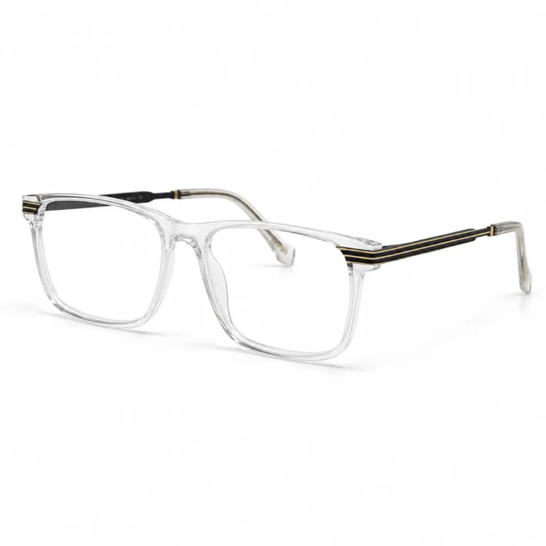 Optical EV2K-0030 Modern Square Full Rim Eyeglasses in Crystal Clear with transparent front, clear temple tips and black-and-gold striped metal temples