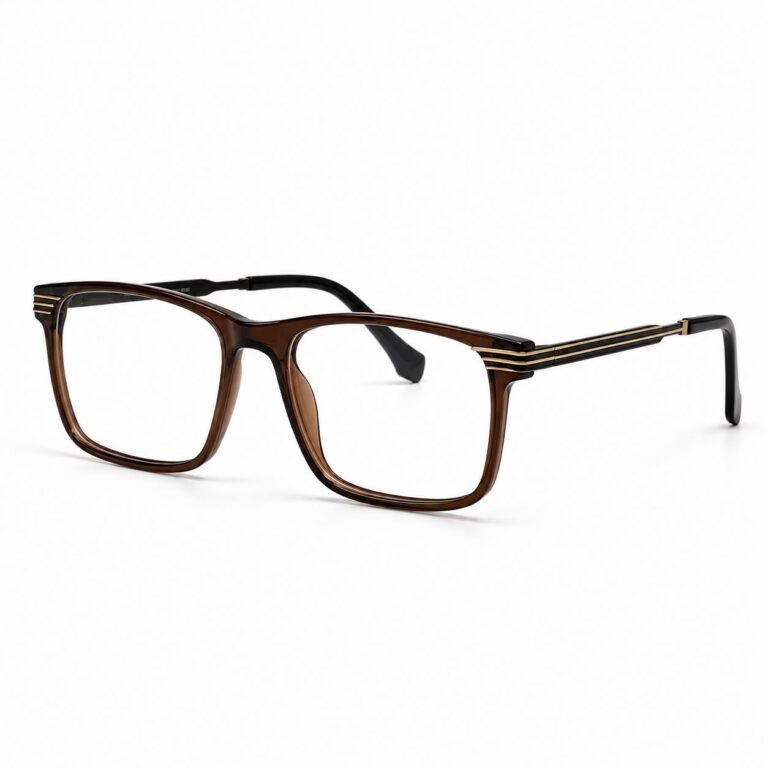 Optical EV2K-0030 Modern Square Full Rim Eyeglasses in Crystal Brown with translucent brown front and gold triple-stripe metal temples