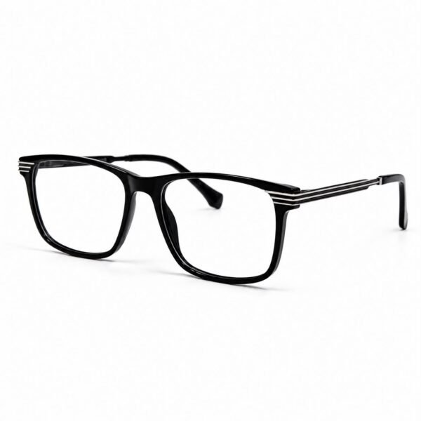 Optical EV2K-0030 Modern Square Full Rim Eyeglasses in Glossy Black with shiny acetate front and gunmetal triple-stripe metal temples