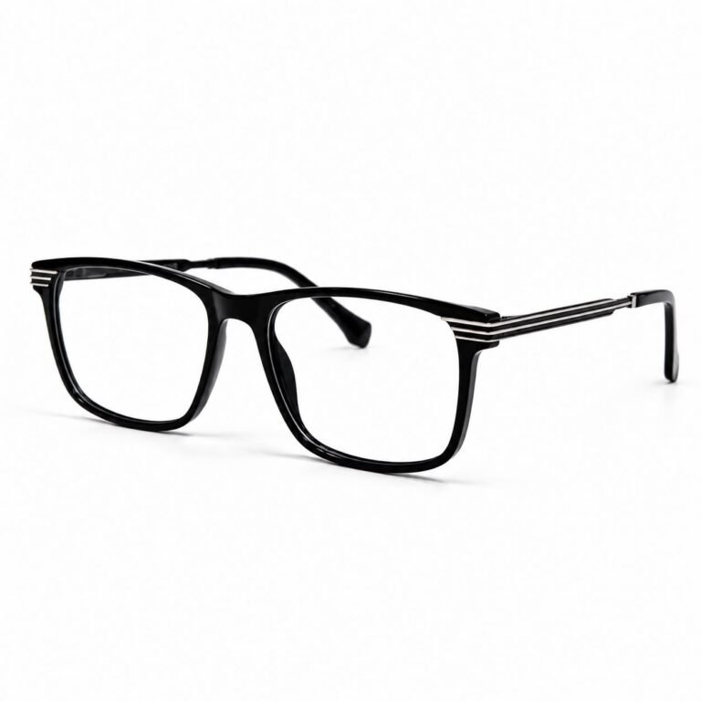 Optical EV2K-0030 Modern Square Full Rim Eyeglasses in Glossy Black with shiny acetate front and gunmetal triple-stripe metal temples