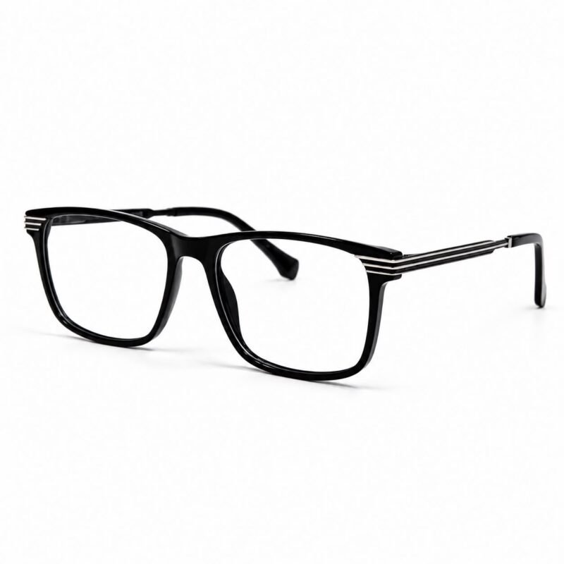 Optical EV2K-0030 Modern Square Full Rim Eyeglasses in Glossy Black with shiny acetate front and gunmetal triple-stripe metal temples