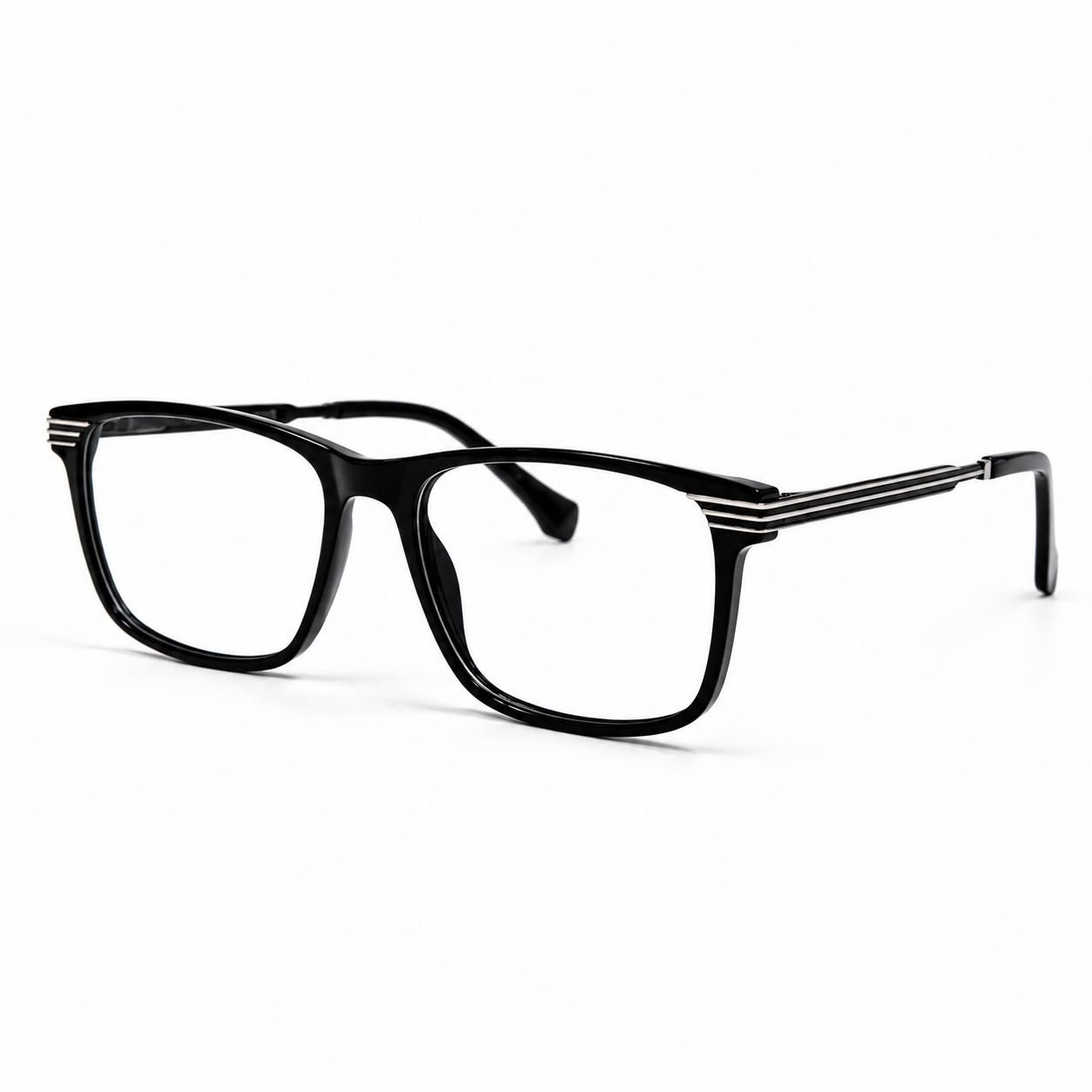 optical-ev2k-0030-glossy-black-square-eyeglasses Optical EV2K-0030 Modern Square Full Rim Eyeglasses in Glossy Black with shiny acetate front and gunmetal triple-stripe metal temples