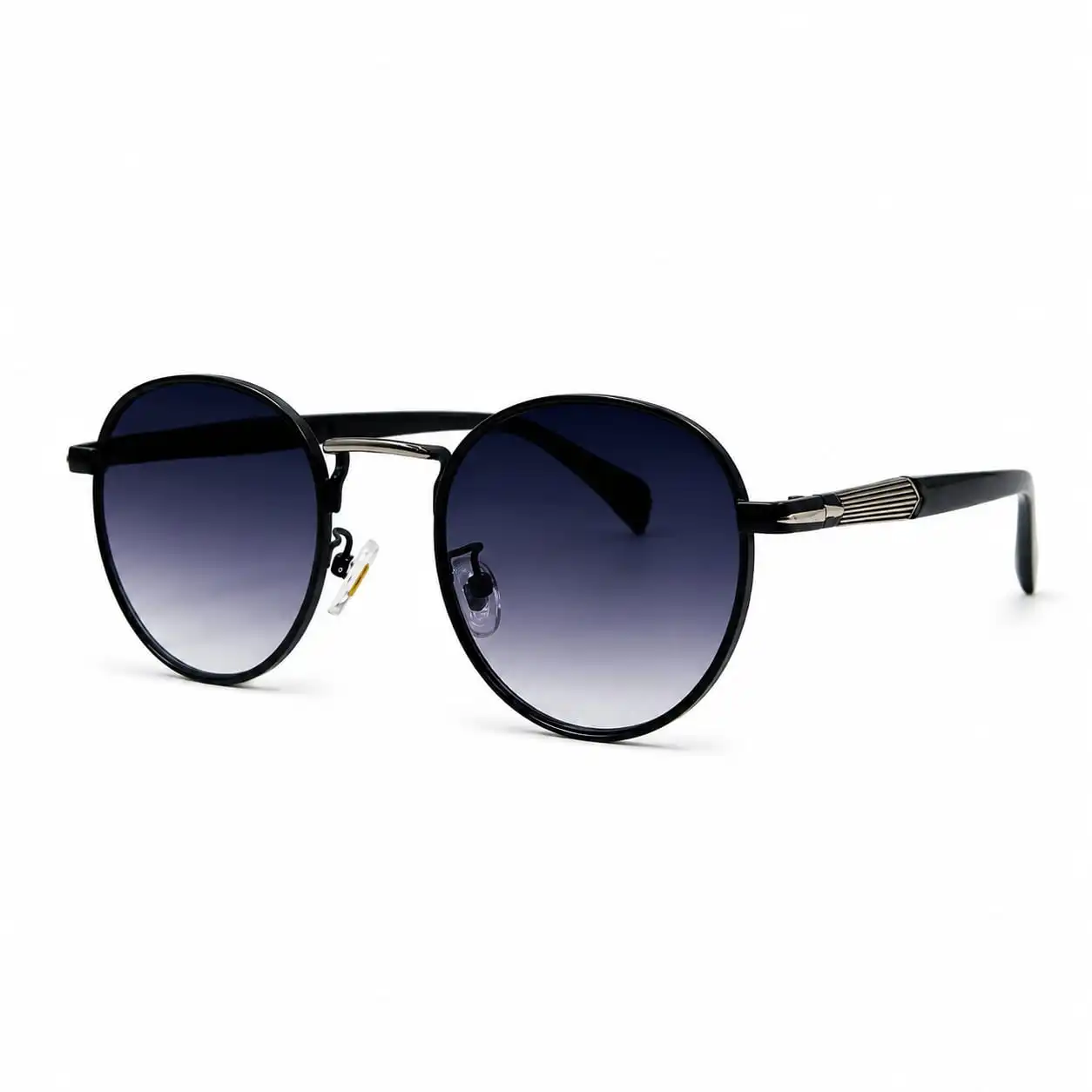 Eye-Valley-0015-angle-gradient-grey-tint-metal-frame Classic round dark tinted sunglasses with metallic full rim bridge for men and women.