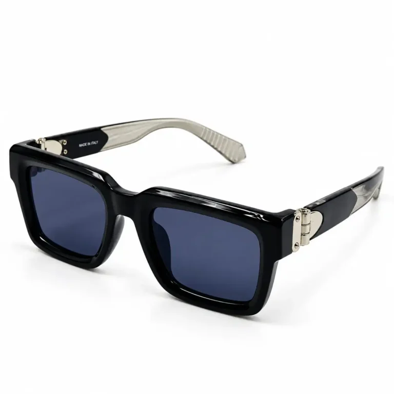 Eye Valley EV2K-0027 Shiny Black Chunky Square Sunglasses with Silver Hinge Detail and Dark Tinted Lenses