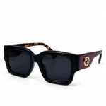 Eye Valley EV2K-0028 Glossy Black Square Sunglasses with Burgundy Temples and Gold Interlocking Emblem Accent