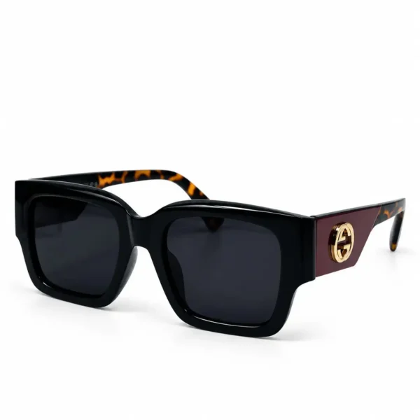 Eye Valley EV2K-0028 Glossy Black Square Sunglasses with Burgundy Temples and Gold Interlocking Emblem Accent