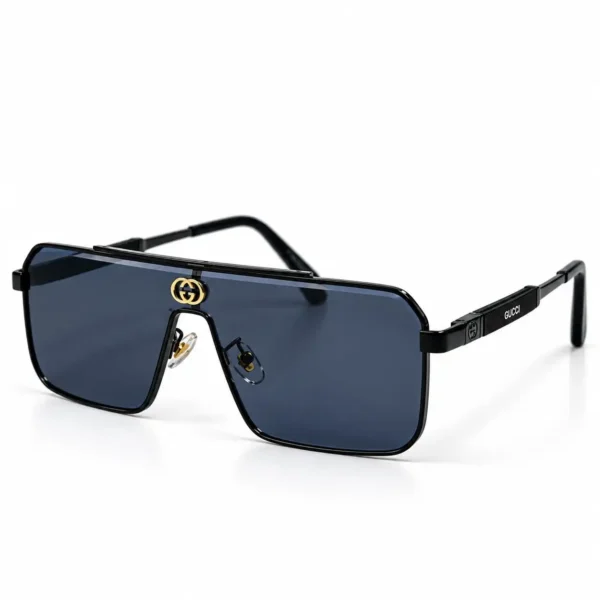 Eye Valley EV2K-0030 Black Metal Frame Shield Sunglasses with Gold Interlocking Emblem and Dark Lenses