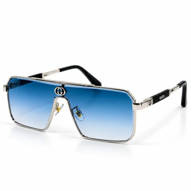 Eye Valley EV2K-0030 Silver Metal Flat-Top Shield Sunglasses with Bright Ocean Blue Gradient Lenses