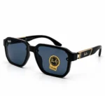 Sunglass 896056 Bold Geometric Sunglasses for Men in Glossy Black with Gold Temple Plates and Dark Tinted Lenses