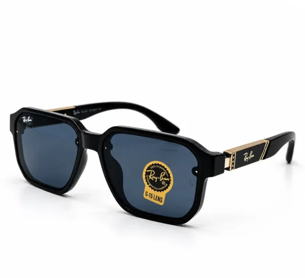 Sunglass 896056 Bold Geometric Sunglasses for Men in Glossy Black with Gold Temple Plates and Dark Tinted Lenses