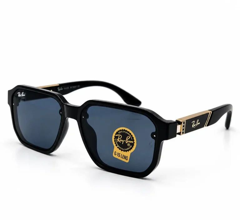 Sunglass 896056 Bold Geometric Sunglasses for Men in Glossy Black with Gold Temple Plates and Dark Tinted Lenses