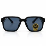 Sunglass 896056 Bold Geometric Sunglasses for Men in Glossy Black with Gold Temple Plates and Dark Tinted Lenses front view