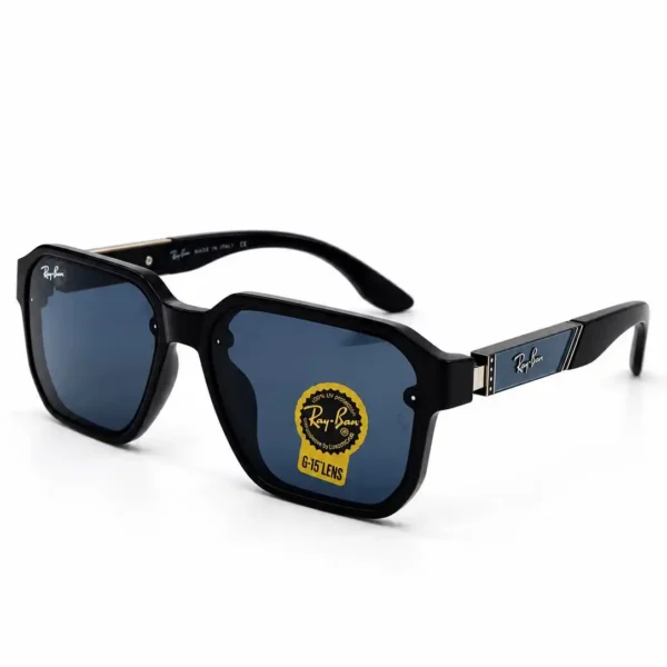 Sunglass 896056 Bold Geometric Sunglasses for Men in Glossy Black with Silver Hinge Accents and Dark Tinted Lenses