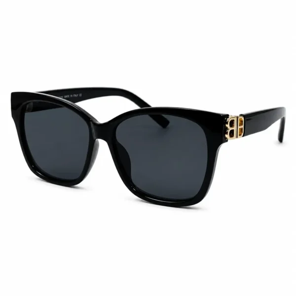 Sunglass EV2K-0031 Glossy Black Oversized Square Sunglasses with Gold BB Hardware and Dark Tint Lenses