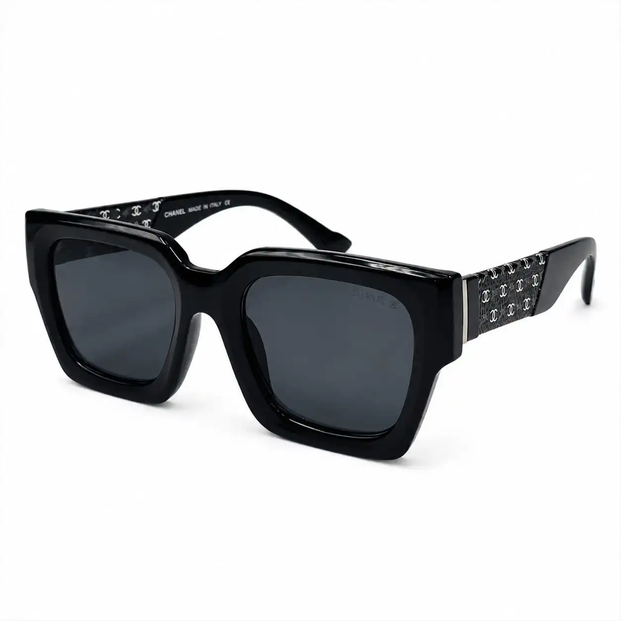 Sunglass-0032-classic-black-monogram-sunglasses Sunglass EV2K-0032 Solid Black Thick Frame Oversized Square Sunglasses with Monogram Temples