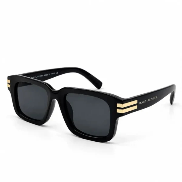 Stylish square sunglasses with a thick glossy black frame, gold-tone triple-stripe hinge accents and grey UV400 lenses