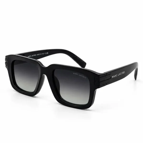 Trendy square sunglasses with a thick glossy black frame, black stripe hinge accents and grey gradient UV400 lenses