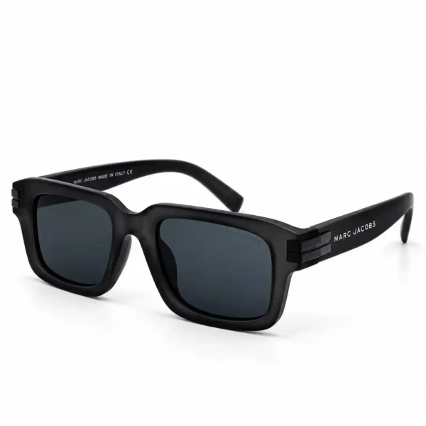 Modern square sunglasses with a thick matte frosted black frame, dark stripe hinge accents and grey UV400 lenses