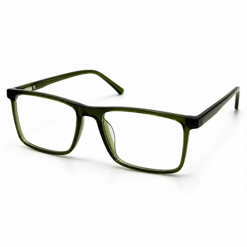 Optical EV2K-0008 Modern Rectangle Full Rim Eyeglasses in Crystal Olive Green with slim acetate temples and metal hinge accent