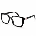 Classic solid black square eyeglasses frame with silver temple detail