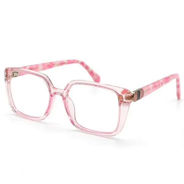 Transparent blush pink square eyeglasses frame with patterned temples