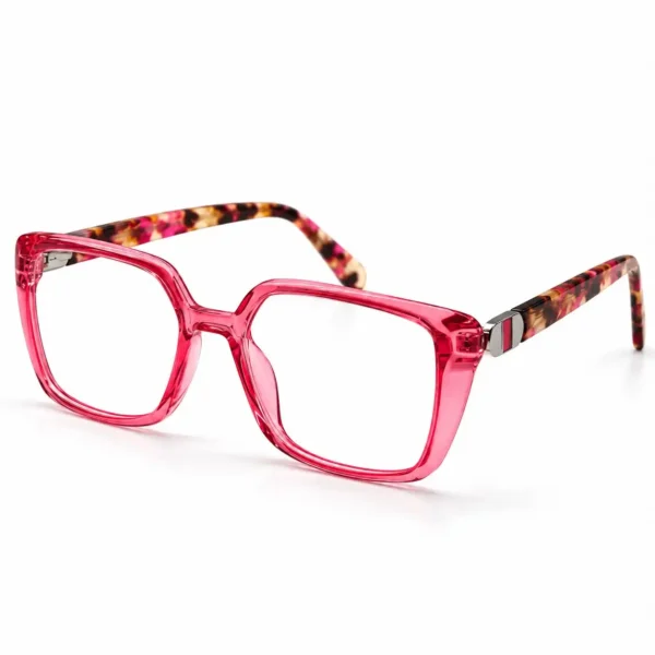 Vibrant cherry pink square eyeglasses frame with tortoiseshell temples