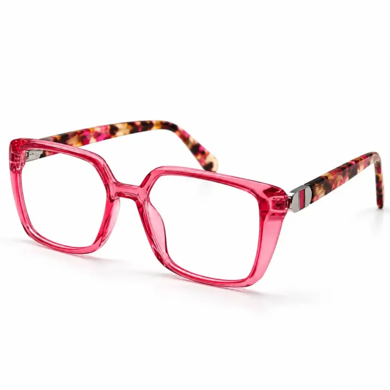 Vibrant cherry pink square eyeglasses frame with tortoiseshell temples