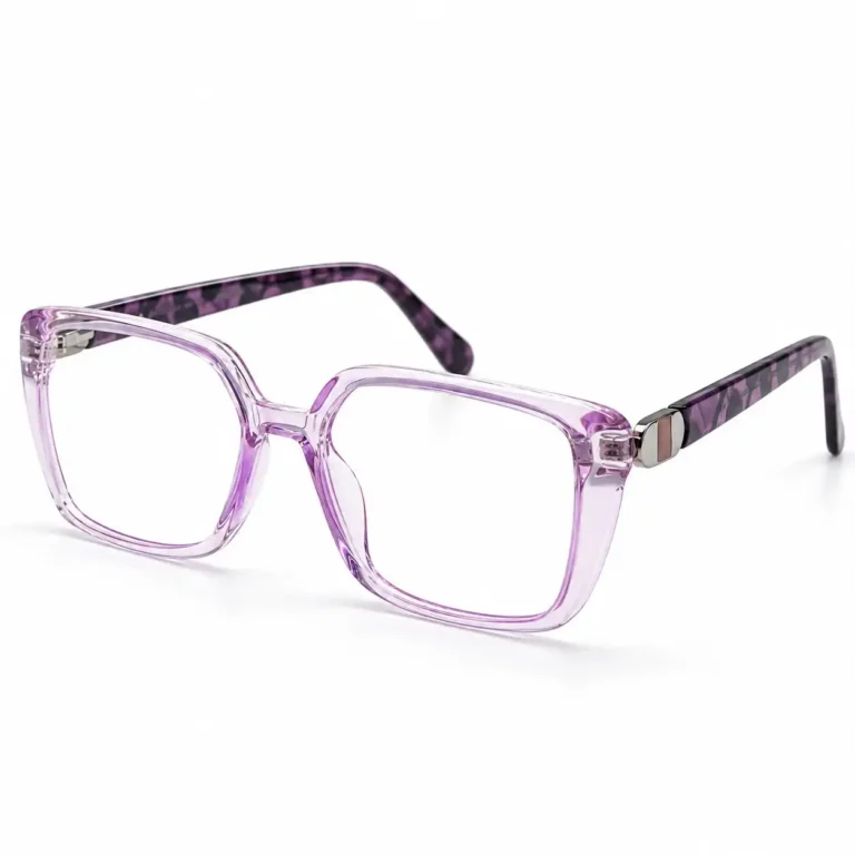 Clear lilac purple square eyeglasses frame with patterned temples