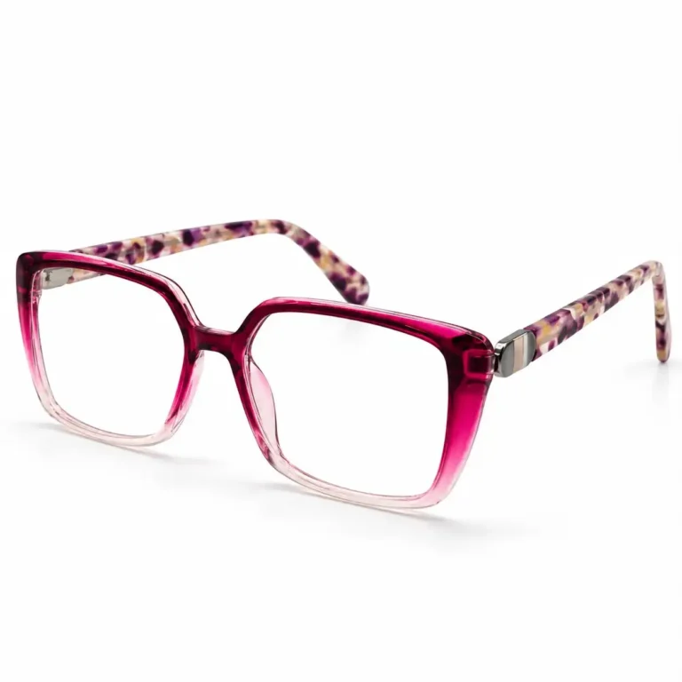 Magenta gradient transparent square eyeglasses frame with patterned temples