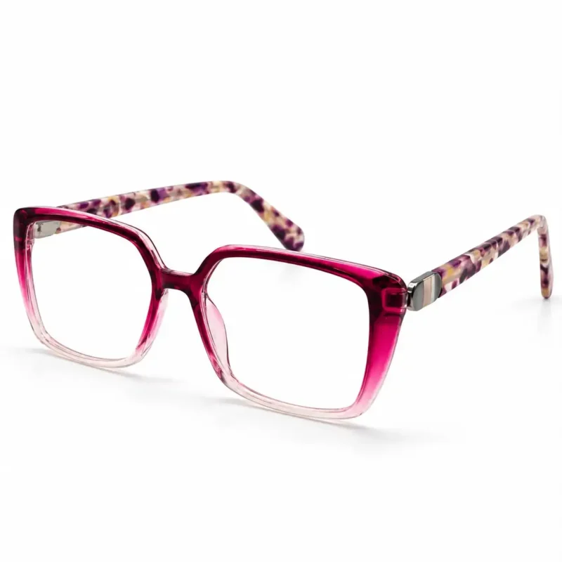 Magenta gradient transparent square eyeglasses frame with patterned temples