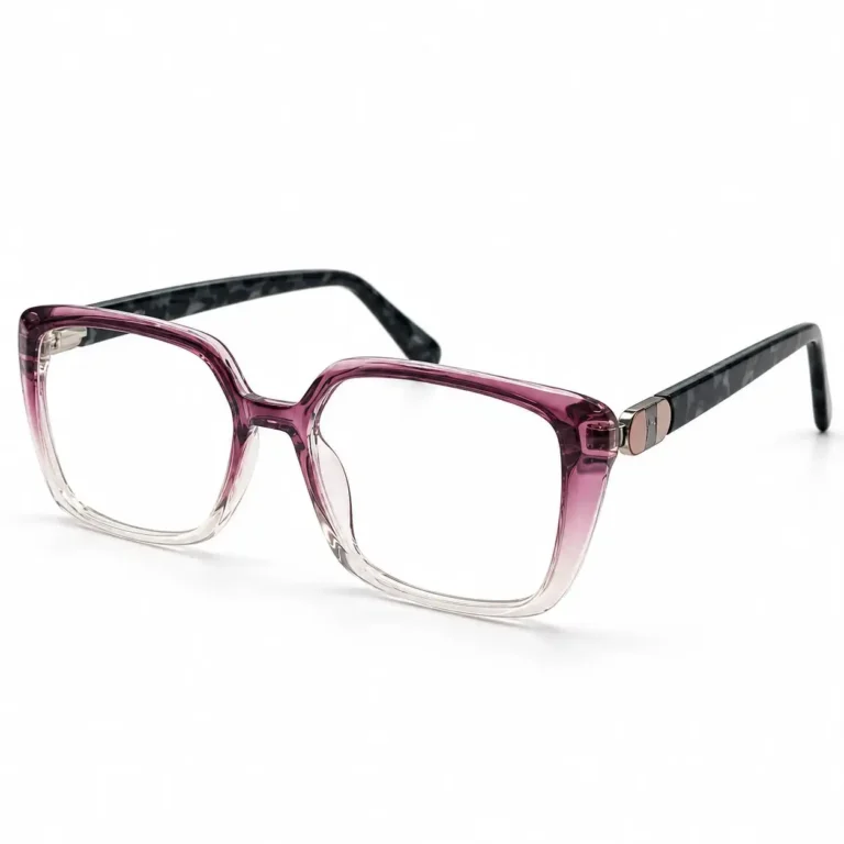 Deep plum gradient square eyeglasses frame with dark patterned temples