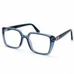 Steel blue transparent square eyeglasses frame with patterned temples