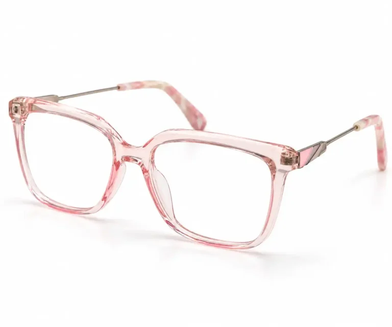Optical EV2K-0068 Sleek Square Full Rim Eyeglasses in Blush Pink, soft pink crystal frame with silver metal temple arms, a pink striped hinge accent and pink marble-pattern temple tips