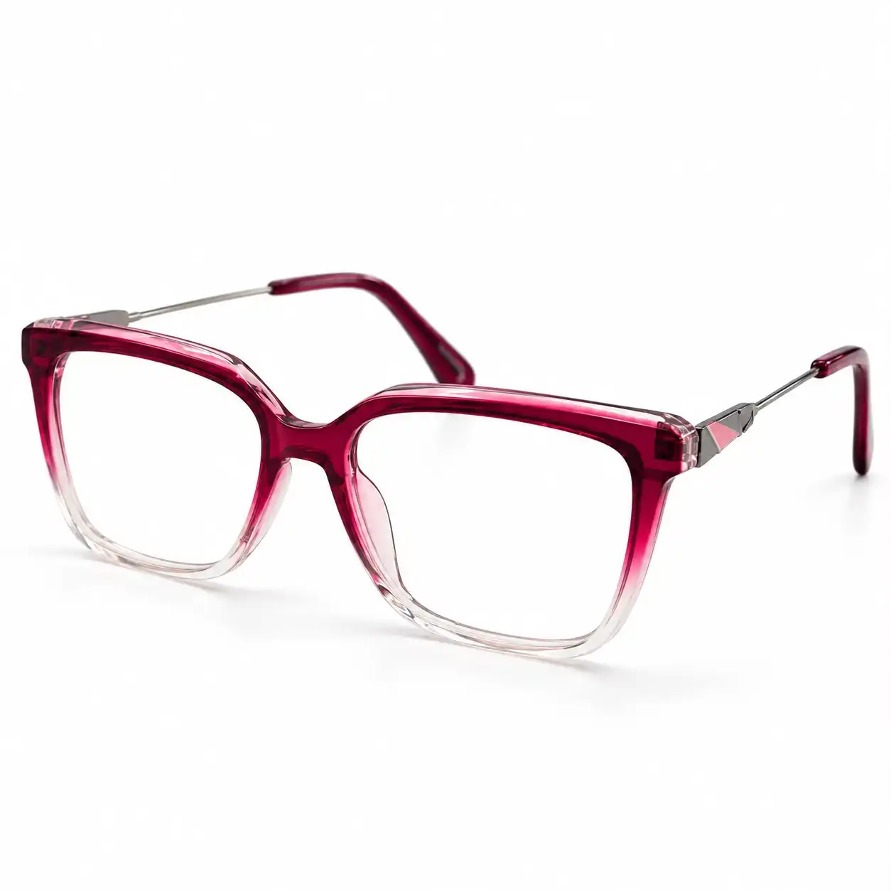 optical-ev2k-0068-magenta-gradient-square-eyeglasses Optical EV2K-0068 Sleek Square Full Rim Eyeglasses in Magenta Gradient, deep magenta frame fading to clear at the bottom with silver metal temple arms, a pink geometric hinge accent and magenta temple tips