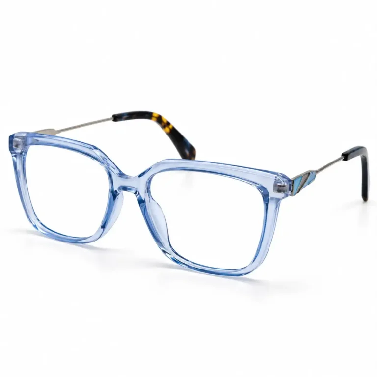Optical EV2K-0068 Sleek Square Full Rim Eyeglasses in Sky Blue, light blue crystal frame with silver metal temple arms, a light blue striped hinge accent and tortoise-pattern temple tips