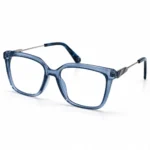 Optical EV2K-0068 Sleek Square Full Rim Eyeglasses in Steel Blue, translucent blue crystal frame with thin silver metal temple arms, a striped metal hinge accent and blue patterned temple tips