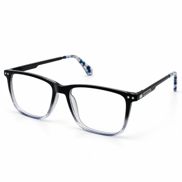 Optical EV2K-0015 Refined Rectangle Full Rim Eyeglasses in Black Blue Gradient, black upper rim fading to a clear blue-tinted lower rim with twin silver rivet studs, black metal temple arms and blue and white patterned temple tips