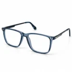 Optical EV2K-0069 Refined Rectangle Full Rim Eyeglasses in Crystal Steel Blue, translucent steel blue crystal frame with twin silver rivet studs, dark metal temple arms and blue patterned temple tips