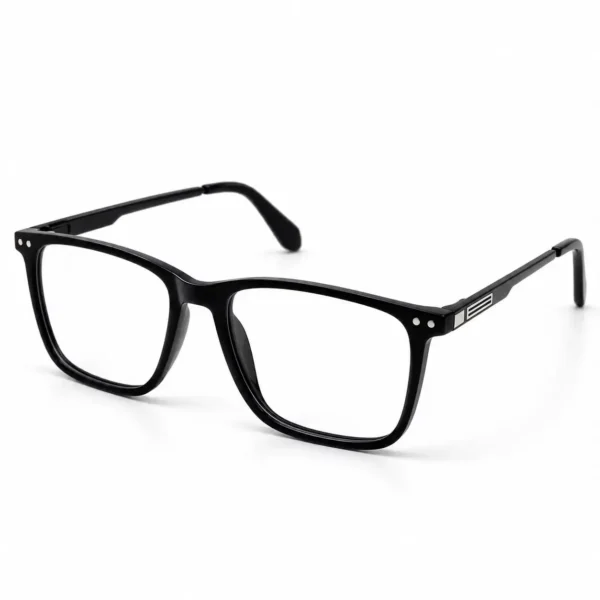 Optical EV2K-0015 Refined Rectangle Full Rim Eyeglasses in Matte Black, solid matte black frame with twin silver rivet studs at each outer corner, black metal temple arms and a striped silver hinge plate
